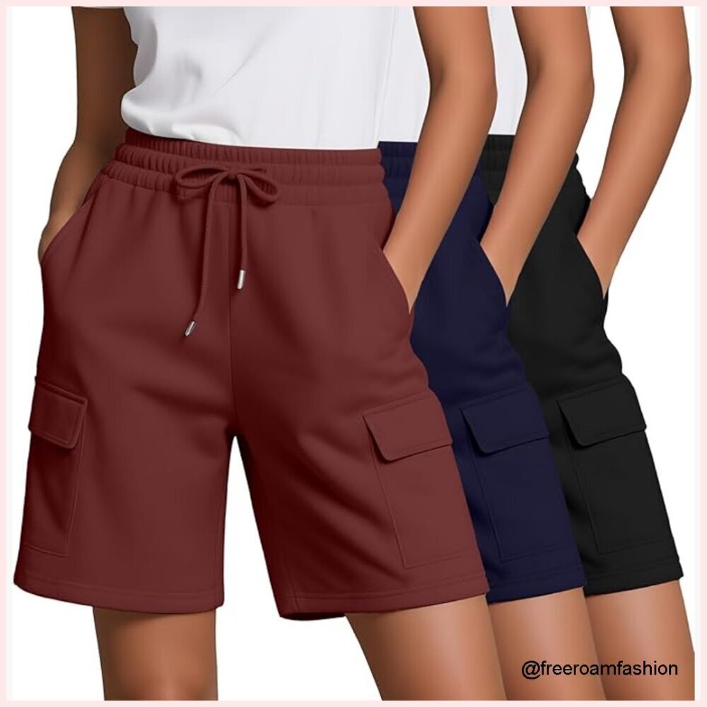 3 Pack Women's Bermuda Cargo Shorts Elastic Waist Knee Length Active